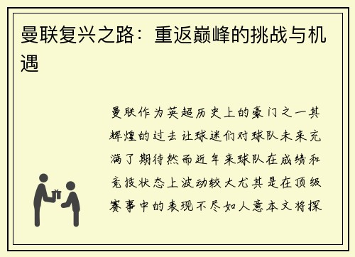 曼联复兴之路：重返巅峰的挑战与机遇